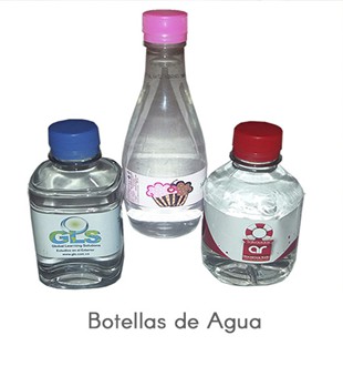 Botellas de Agua
Botellas plasticas en diferentes formas y tamaños personalizadas con el Logotipo de su empresa con etiqueta adehesiva o impresion directa en la botella.
