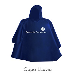 Capa LLuvia
Material impermeable en pvc, Con gorro protector para la lluvia, Medidas: 1,50 x 1,50 cms, Impresión en screen.