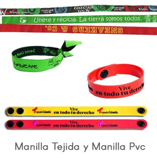 Manilla Tejida y Manilla Pvc
Manillas Tejido damasco o en Tela, son resistentes, duraderas y personalizables, permitiendo que las personas se las amarren a la muñeca. Estas manillas son elaboradas desde 2 Hilos (Colores) Hasta 7 Hilos.
Manillas en PVC Material pvc, medida: 30 x 1,3 cms. cierre con broches, Logo en alto relieve.