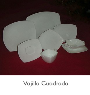 Vajilla Cuadrada
Ocho piezas, Medidas de platos: Grande 26 cms. Mediano 22 cms. Pequeño 15,5 cms. Taza y plato para te o cafe, Taza y plato para consome. 